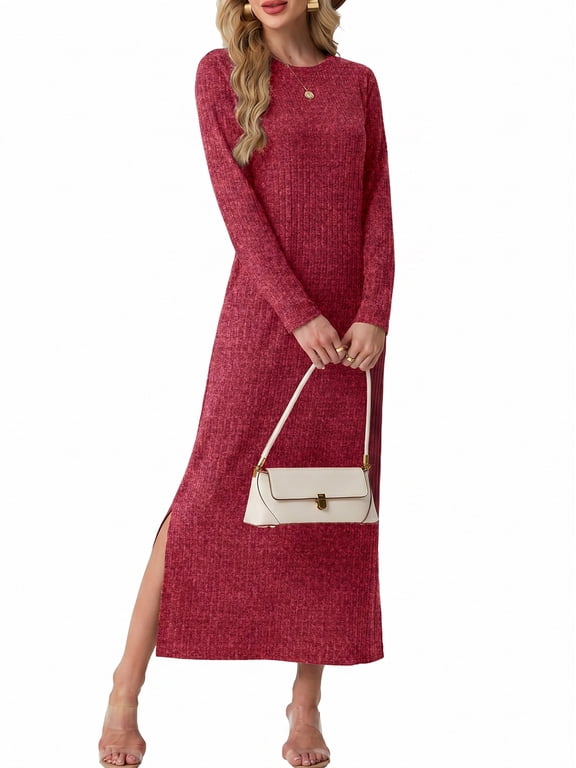 Long Sleeve Dress for Women Fall Wedding Guest Cocktail Maxi Dresses Split Elegant Ribbed Knit Winter Dress with Pockets
