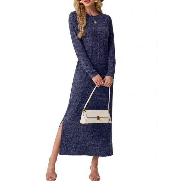 Cueply Long Sleeve Dress for Women Fall Wedding Guest Cocktail Maxi Dresses Split Elegant Ribbed Knit Winter Dress with Pockets