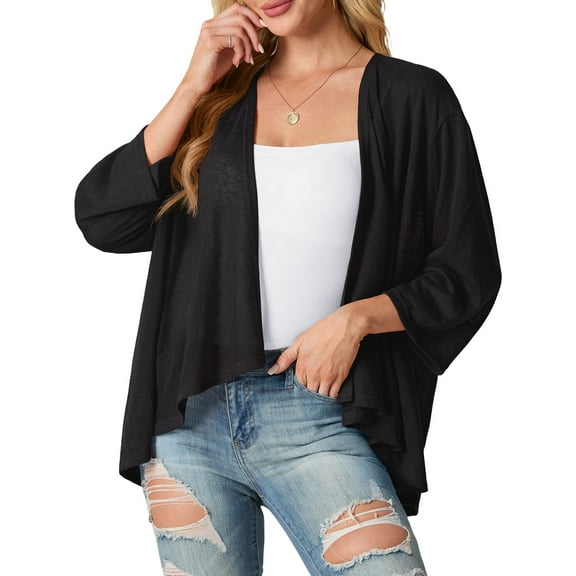 Cueply Women's Cardigan 3/4 Sleeves Lightweight Casual Open Front Shrug Drape Knit Sweater Tops
