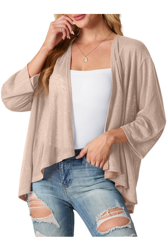 Women's Cardigan 3/4 Sleeves Lightweight Casual Open Front Shrug Drape Knit Sweater Tops