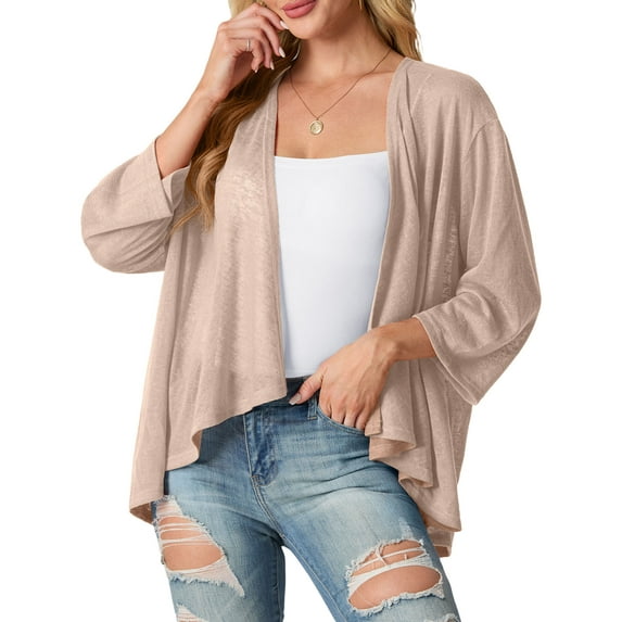 Cueply Women's Cardigan 3/4 Sleeves Lightweight Casual Open Front Shrug Drape Knit Sweater Tops