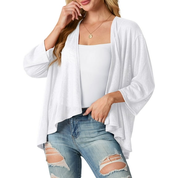 Cueply Women's Cardigan 3/4 Sleeves Lightweight Casual Open Front Shrug Drape Knit Sweater Tops