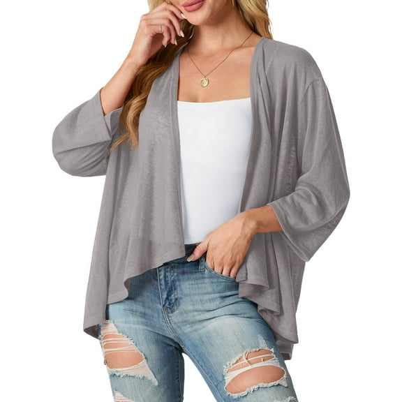Cueply Women's Cardigan 3/4 Sleeves Lightweight Casual Open Front Shrug Drape Knit Sweater Tops