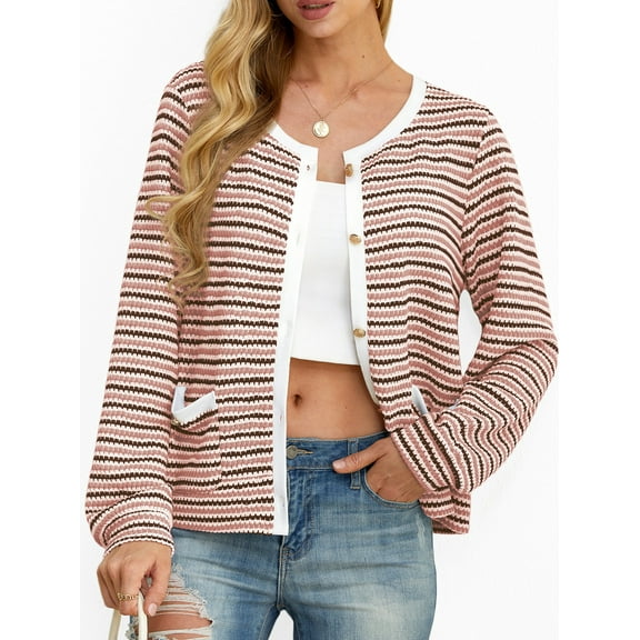 Cueply Women's Cardigan Sweater Long Sleeve Striped Button Knit Jackets Coats Outwear with Pockets