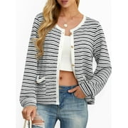 CUEPLY Women's Cardigan Sweater Long Sleeve Striped Button Knit Jackets Coats Outwear with Pockets