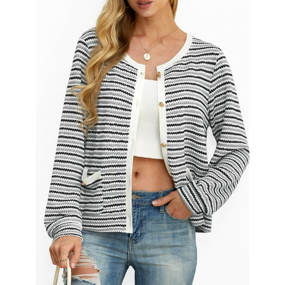 Cueply Women's Cardigan Sweater Long Sleeve Striped Button Knit Jackets Coats Outwear with Pockets
