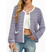CUEPLY Women's Cardigan Sweater Long Sleeve Striped Button Knit Jackets Coats Outwear with Pockets