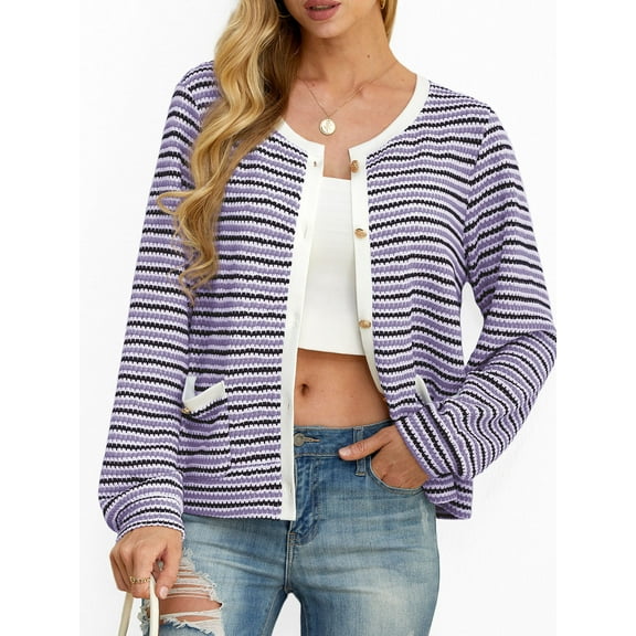 Cueply Women's Cardigan Sweater Long Sleeve Striped Button Knit Jackets Coats Outwear with Pockets