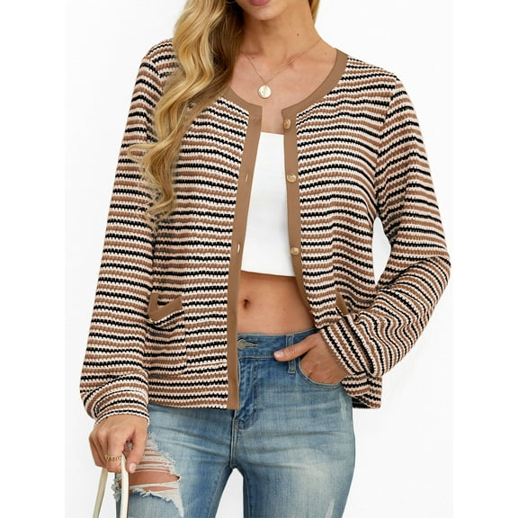 Cueply Women's Cardigan Sweater Long Sleeve Striped Button Knit Jackets Coats Outwear with Pockets