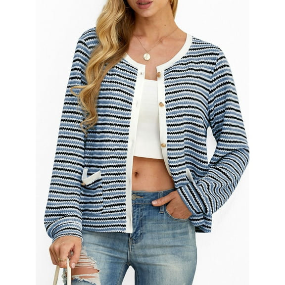 Cueply Women's Cardigan Sweater Long Sleeve Striped Button Knit Jackets Coats Outwear with Pockets