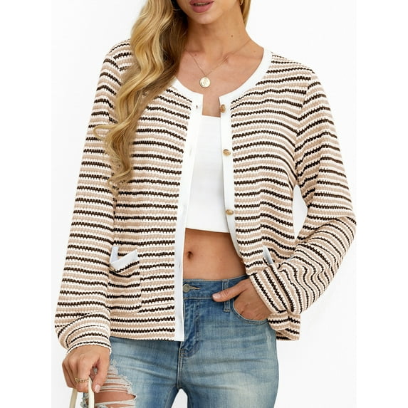 Cueply Women's Cardigan Sweater Long Sleeve Striped Button Knit Jackets Coats Outwear with Pockets