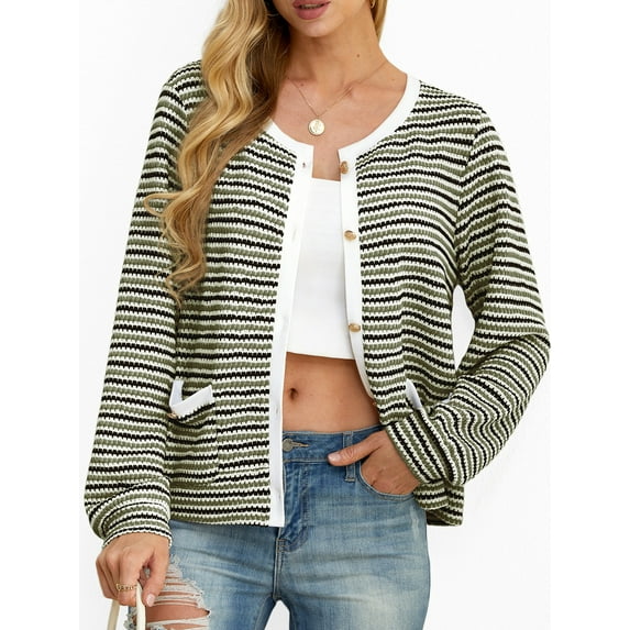 Cueply Women's Cardigan Sweater Long Sleeve Striped Button Knit Jackets Coats Outwear with Pockets