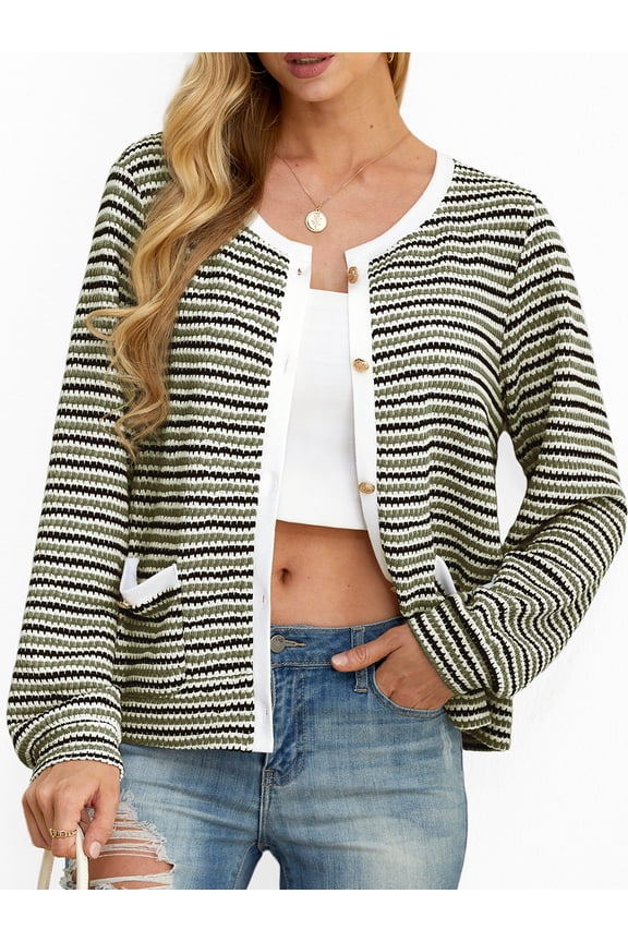 Women's Cardigan Sweater Long Sleeve Striped Button Knit Jackets Coats Outwear with Pockets
