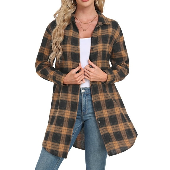 Cueply Womens Flannel Shirts Plaid Shacket Long Sleeve Button Down Collared Jacket Coats with Pockets