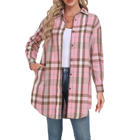 Cueply Womens Flannel Shirts Plaid Shacket Long Sleeve Button Down Collared Jacket Coats with Pockets