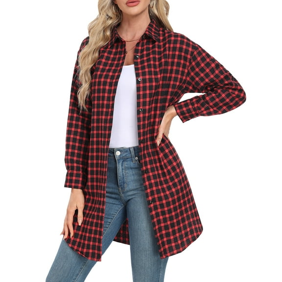 Cueply Womens Flannel Shirts Plaid Shacket Long Sleeve Button Down Collared Jacket Coats with Pockets