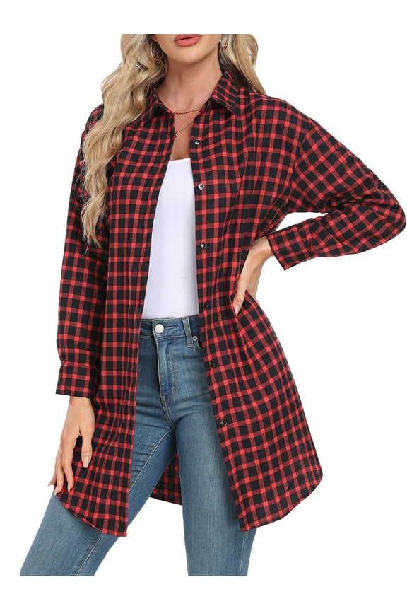 Womens Flannel Shirts Plaid Shacket Long Sleeve Button Down Collared Jacket Coats with Pockets