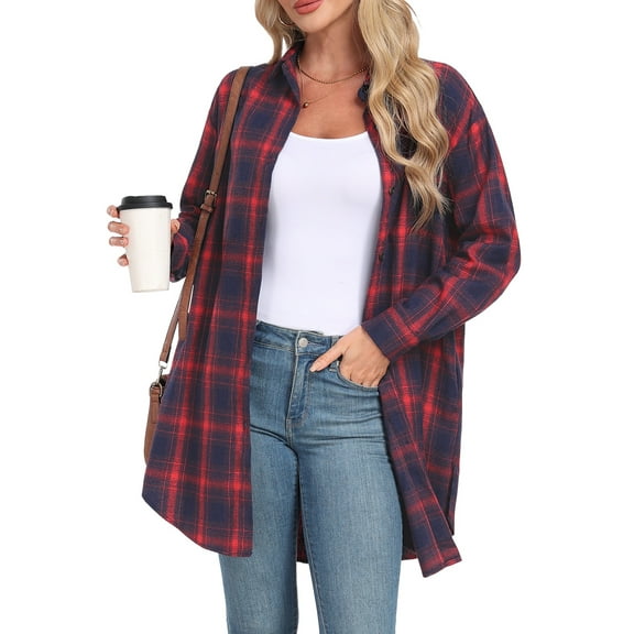 Cueply Womens Flannel Shirts Plaid Shacket Long Sleeve Button Down Collared Jacket Coats with Pockets