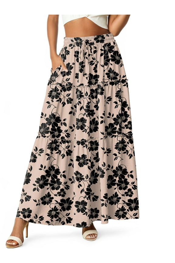 Women's Flowy Long Maxi Skirt Pleated Elastic High Waist Drawstring Tiered Skirts with Pockets