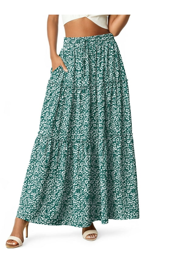 Women's Flowy Long Maxi Skirt Pleated Elastic High Waist Drawstring Tiered Skirts with Pockets