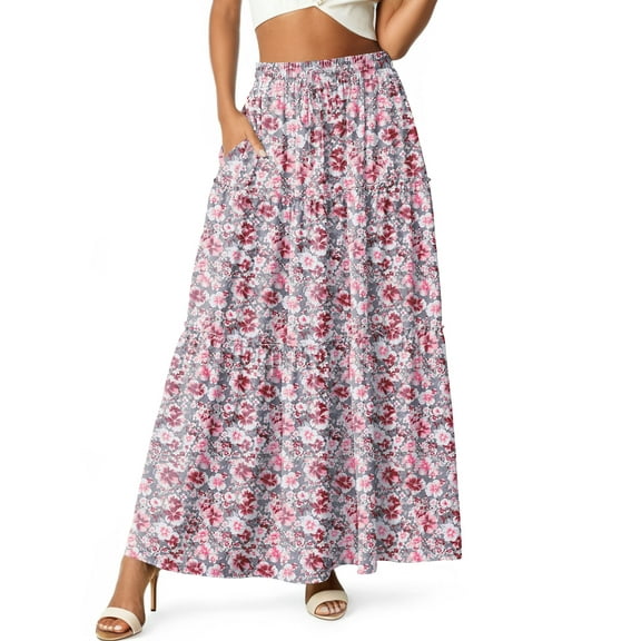 Cueply Womens Flowy Long Maxi Skirt Pleated Elastic High Waist Drawstring Tiered Skirts with Pockets