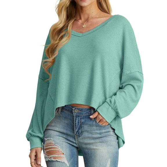 Cueply Women's Long Sleeve Blouses Waffle Knited Fashion Fall Tops V Neck Loose Pullover T Shirts