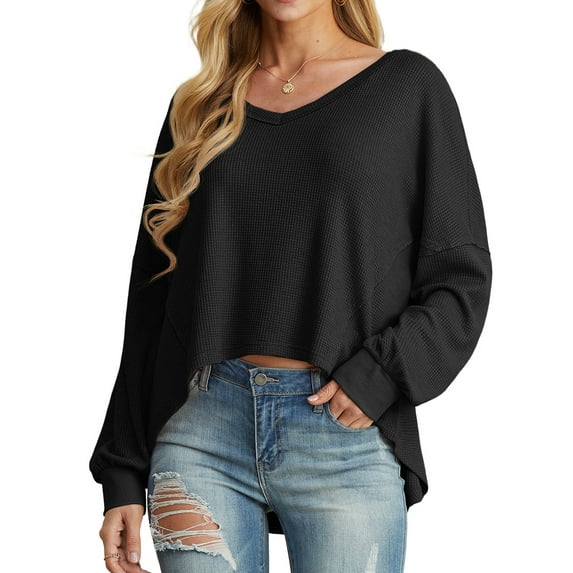 Cueply Women's Long Sleeve Blouses Waffle Knited Fashion Fall Tops V Neck Loose Pullover T Shirts
