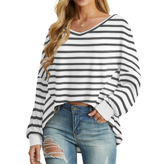 Cueply Women's Long Sleeve Blouses Waffle Knited Fashion Fall Tops V Neck Loose Pullover T Shirts