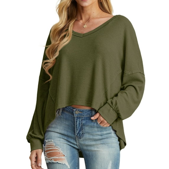 Cueply Women's Long Sleeve Blouses Waffle Knited Fashion Fall Tops V Neck Loose Pullover T Shirts