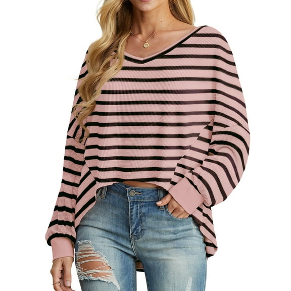 Cueply Women's Long Sleeve Blouses Waffle Knited Fashion Fall Tops V Neck Loose Pullover T Shirts
