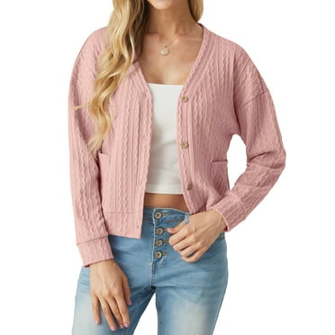 Cueply Women's Long Sleeve Cropped Cardigan V Neck Button Fall Winter Sweaters with Pockets Outerwear Cozy Cable Knit