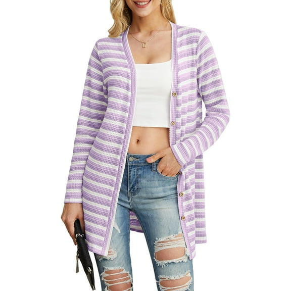 Cueply Womens Cardigan Long Sleeve lightweight Striped Open Front Casual Button Loose Knit Sweater