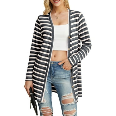 Cueply Women's Long Sleeve Striped Open Front Cardigan Casual Lightweight Button Loose Knit Sweater