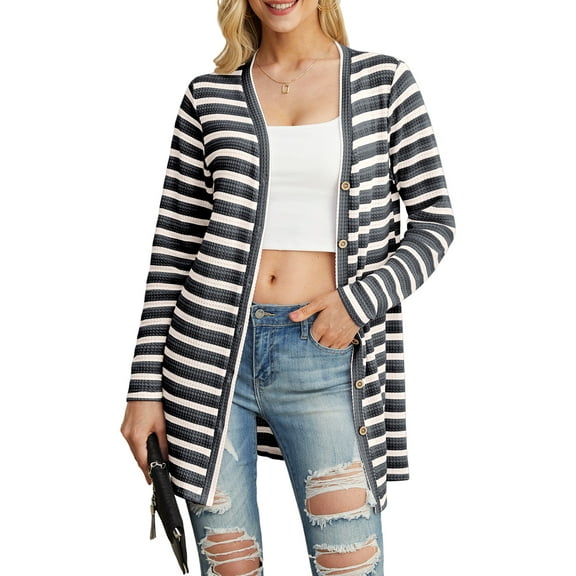 Cueply Womens Cardigan Long Sleeve lightweight Striped Open Front Casual Button Loose Knit Sweater