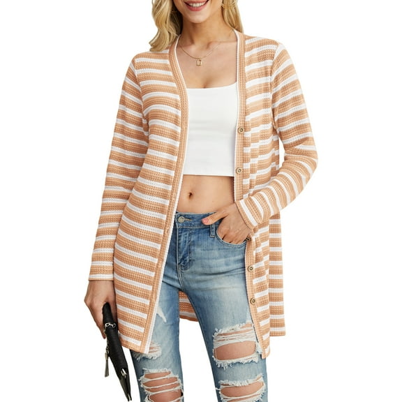 Cueply Womens Cardigan Long Sleeve lightweight Striped Open Front Casual Button Loose Knit Sweater