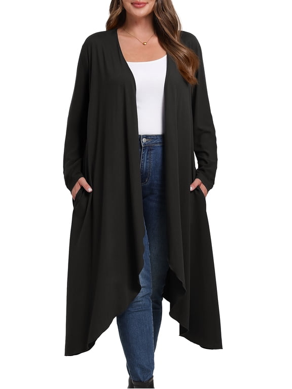 Women's Plus Size Cardigan Lightweight Long Sleeve Maxi Long Knitted Tops Open Front Sweater