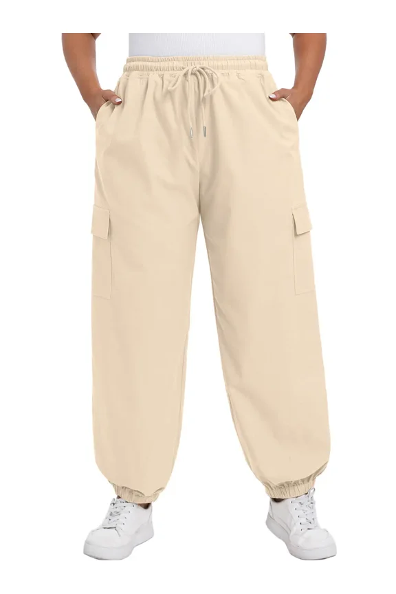 Women's Plus Size Cargo Pants with Pockets Casual Joggers Sweatpants Drawstring Adjustable Loose Fit Workout