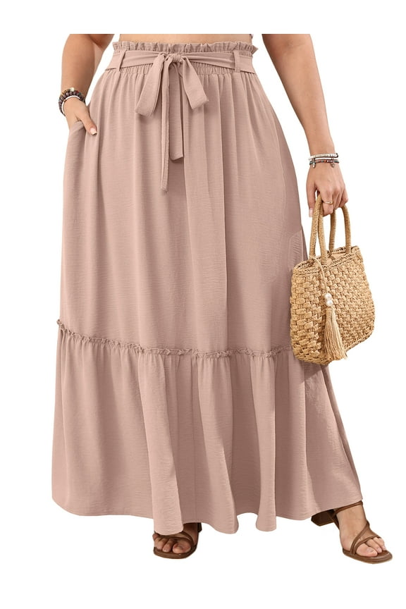 Women's Plus Size Casual High Waist Tie Front Long Skirts with Pockets Flowy Summer Pleated Tiered Elastic Skirt