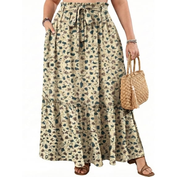 Cueply Women's Plus Size Casual High Waist Tie Front Long Skirts with Pockets Flowy Summer Pleated Tiered Elastic Skirt