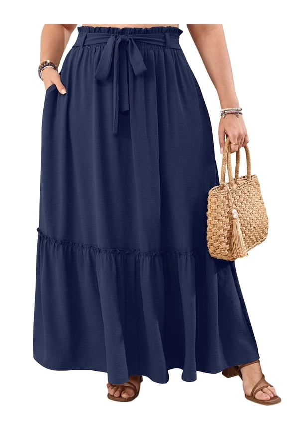 Women's Plus Size Casual High Waist Tie Front Long Skirts with Pockets Flowy Summer Pleated Tiered Elastic Skirt