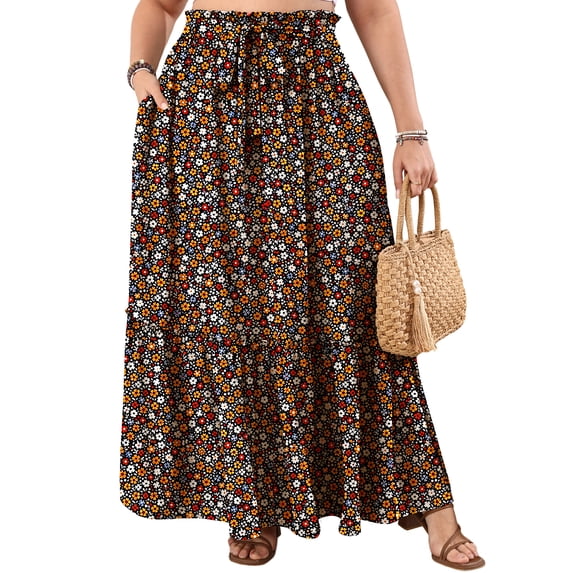 Cueply Women's Plus Size Casual High Waist Tie Front Long Skirts with Pockets Flowy Summer Pleated Tiered Elastic Skirt
