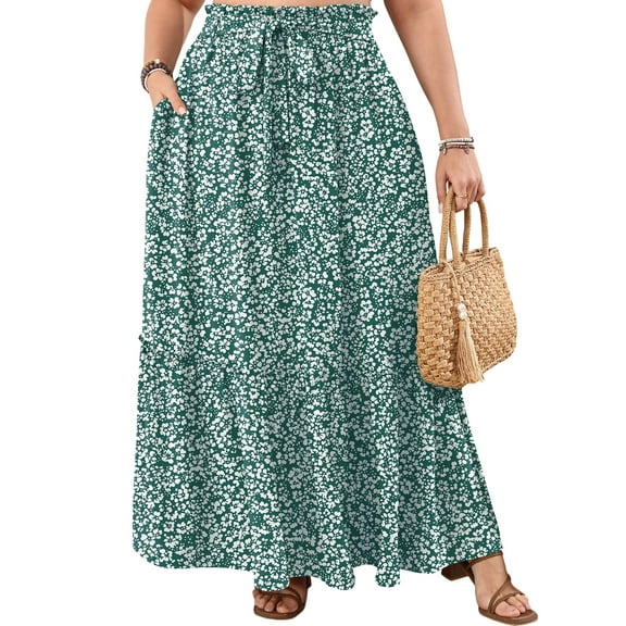 Cueply Women's Plus Size Casual High Waist Tie Front Long Skirts with Pockets Flowy Summer Pleated Tiered Elastic Skirt