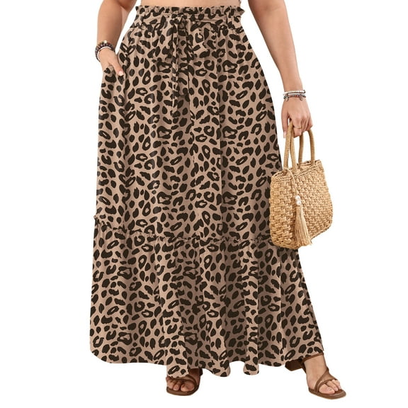 Cueply Women's Plus Size Casual High Waist Tie Front Long Skirts with Pockets Flowy Summer Pleated Tiered Elastic Skirt
