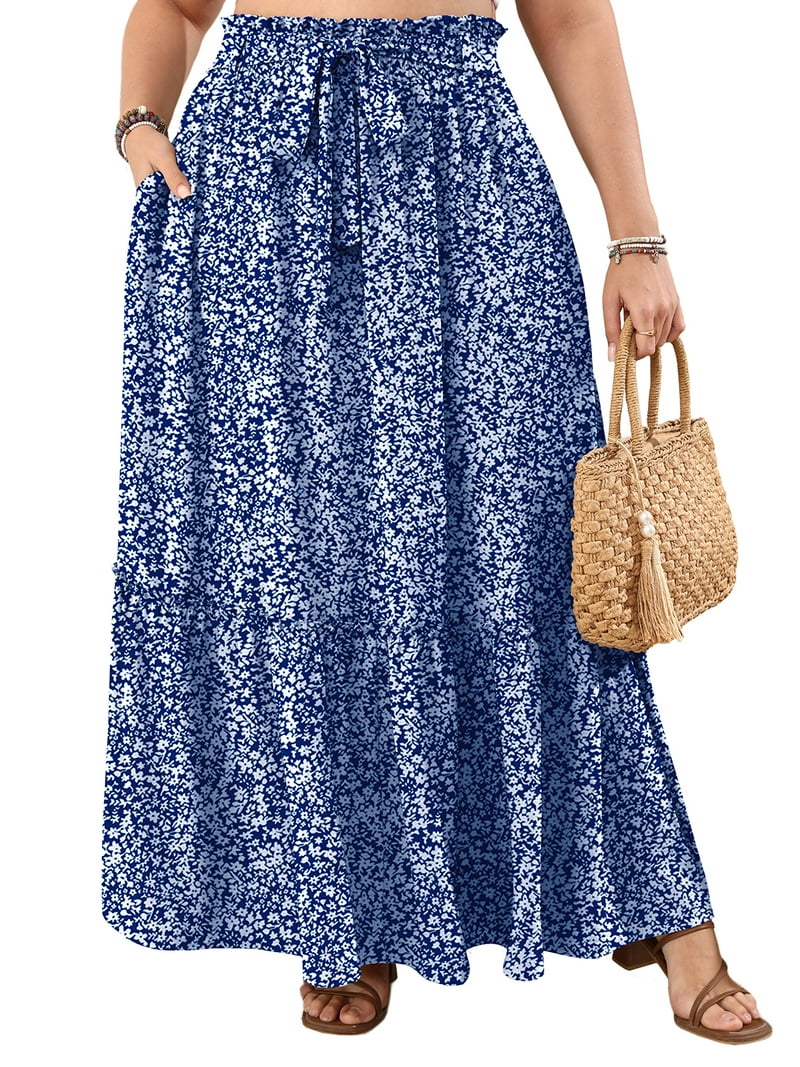 Cueply Women's Plus Size Pleated Tiered Maxi Long Skirt, High