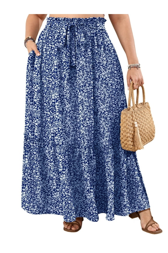 Women's Plus Size Casual High Waist Tie Front Long Skirts with Pockets Flowy Summer Pleated Tiered Elastic Skirt