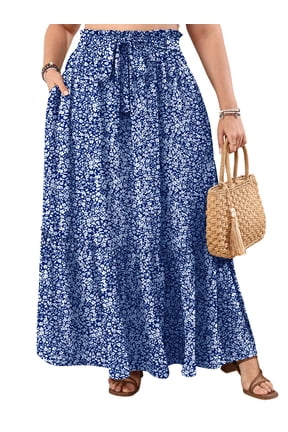 Women's Plus Size Casual High Waist Tie Front Long Skirts with Pockets Flowy Summer Pleated Tiered Elastic Skirt