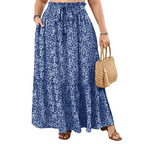Cueply Women's Plus Size Casual High Waist Tie Front Long Skirts with Pockets Flowy Summer Pleated Tiered Elastic Skirt
