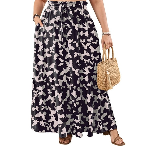 Cueply Women's Plus Size Casual High Waist Tie Front Long Skirts with Pockets Flowy Summer Pleated Tiered Elastic Skirt