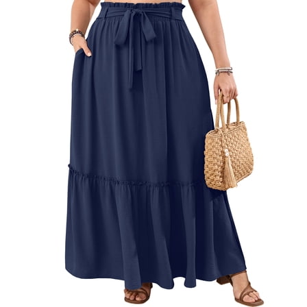 Cueply Women's Plus Size Casual High Waist Tie Front Long Skirts with Pockets Flowy Summer Pleated Tiered Elastic Skirt