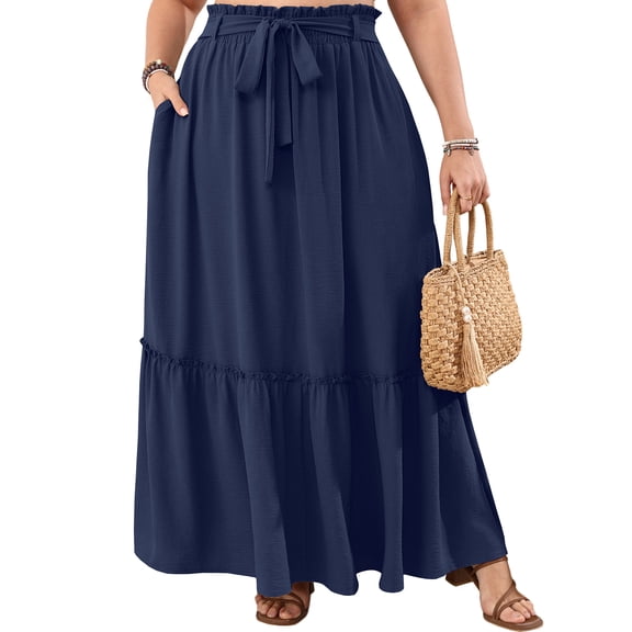 Cueply Women's Plus Size Casual High Waist Tie Front Long Skirts with Pockets Flowy Summer Pleated Tiered Elastic Skirt